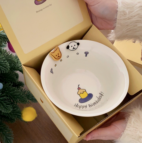 Button Dog Embossed Ceramic Noodle Bowl top view - MoriMori Home