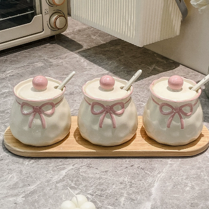 Cute Bow Ceramic Seasoning Jar Set of 3 & Wooden Tray