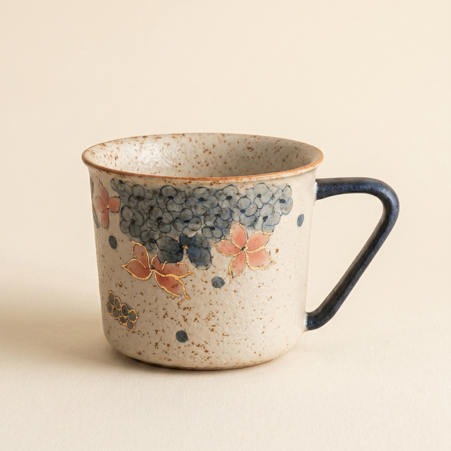 Blue & White Hydrangea Coffee Cup · Hand-Painted Gold