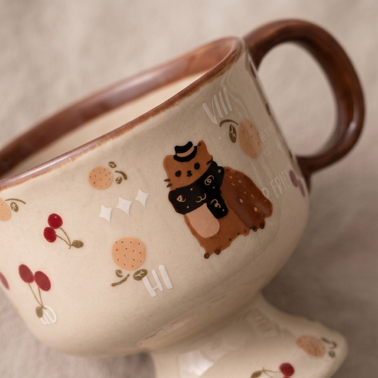Cat Cafe Pedestal Ceramic Mug detail - MoriMori Home