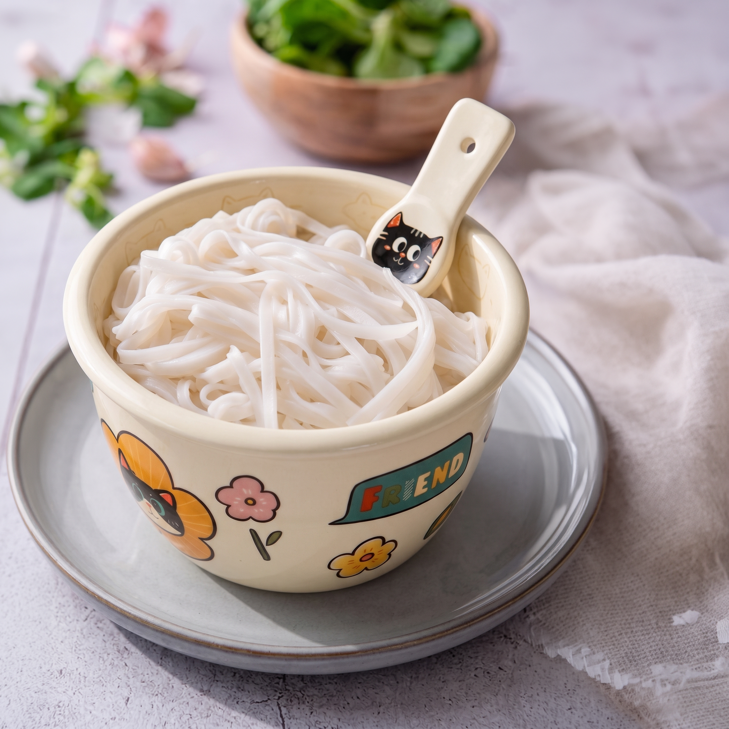 Cute Cat Rice Noodle Bowl styled - MoriMori Home