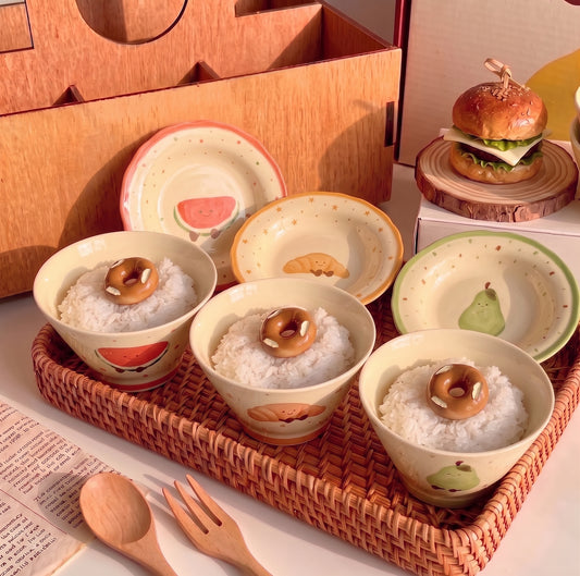 Fruit & Croissant Ceramic Plate & Bowl · Set of 2