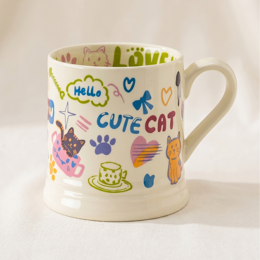 Graffiti Cat Ceramic Mug 12.5 oz sticker-style cat doodles - MoriMori Home