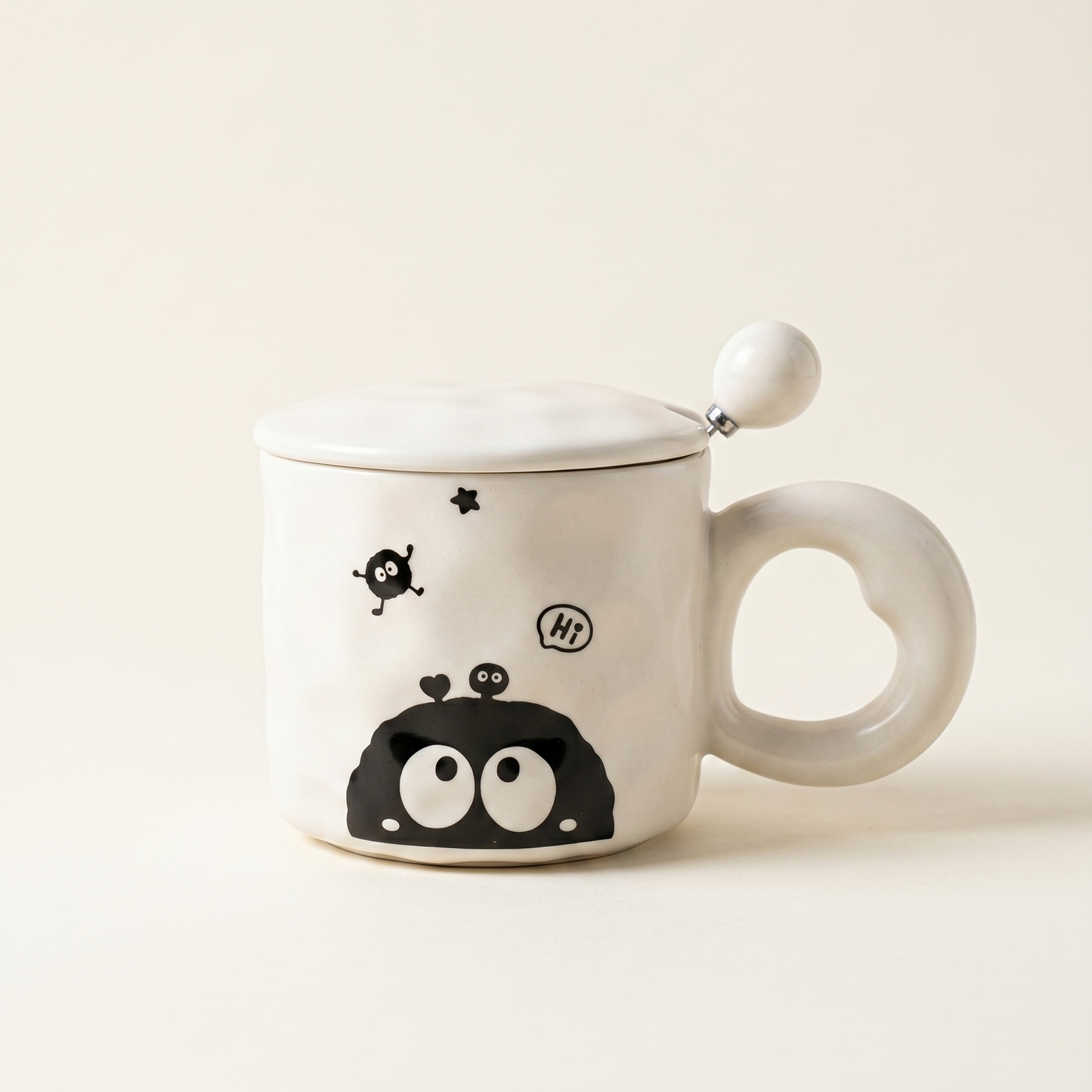 Coal Ball Big Eyes Ceramic Mug · with Lid & Spoon