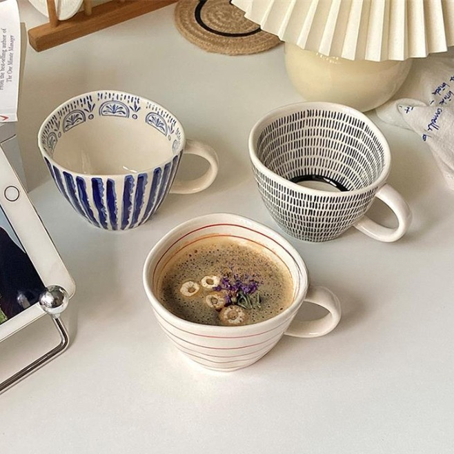 Handmade Vintage Ceramic Mug 12.5 oz hand-applied stripe - MoriMori Home