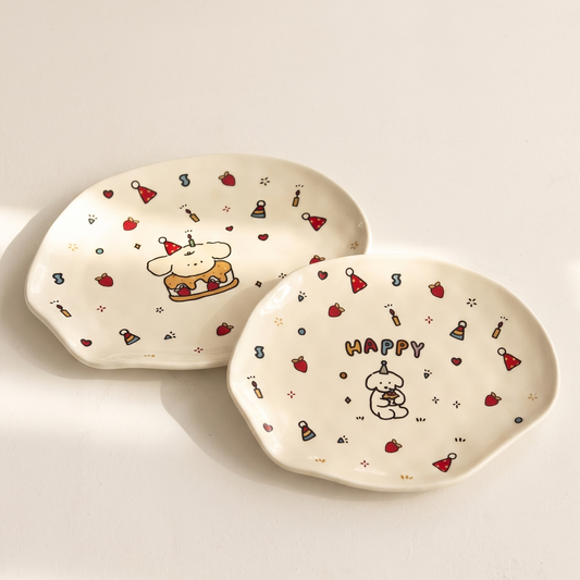 Puppy Cake Plate 8 inch asymmetrical Happy Birthday and Cream Cake - MoriMori Home