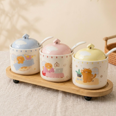 Little House Cat Ceramic Seasoning Jar Set of 3 & Tray