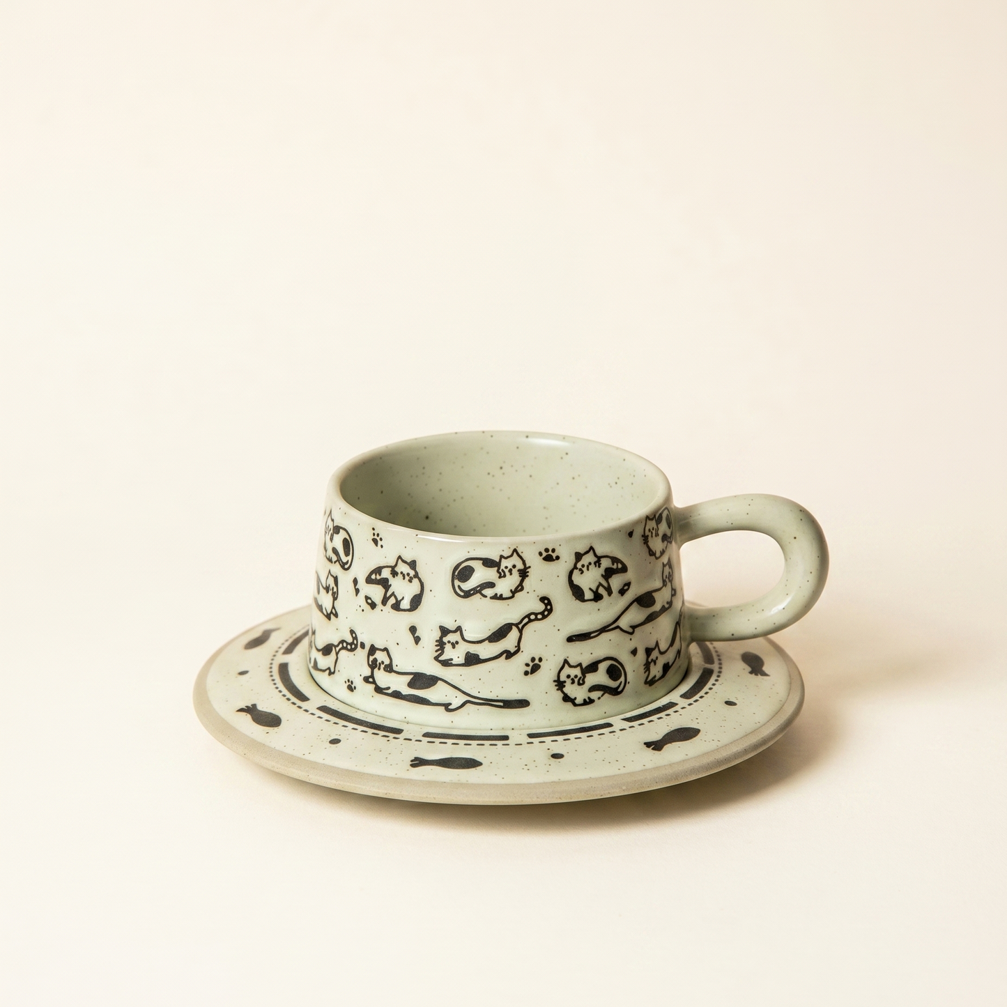 Vintage Clay Cup & Saucer · Cat 8.5oz
