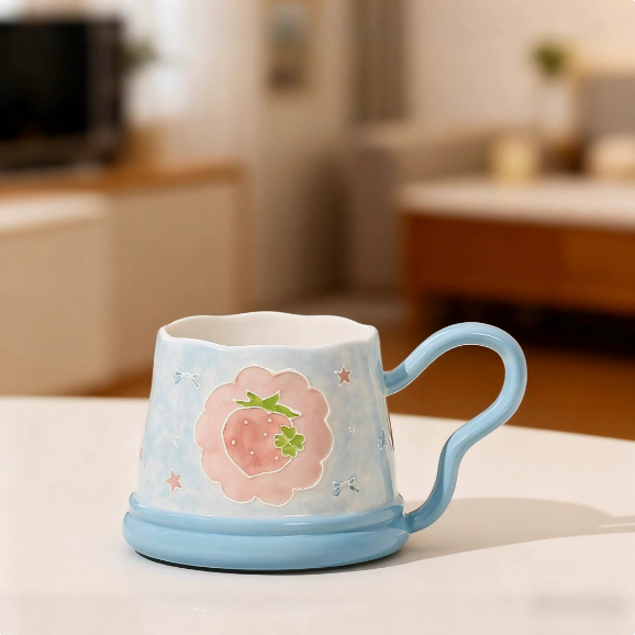 Strawberry Blossom Ceramic Mug · 13 oz Blue Pink