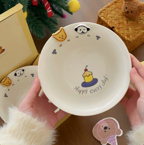 Button Dog Embossed Ceramic Noodle Bowl · Gift Box