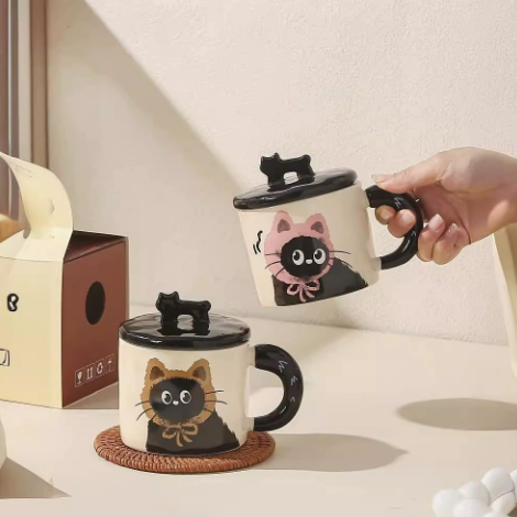 Cat Character Ceramic Mug with Lid · 12 oz