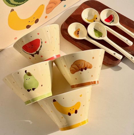 Fruit & Croissant Hat Ceramic Bowl Set · 5" Set of 4