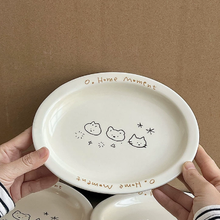 Animal Doodle Illustrated Ceramic Oval Plate top view - MoriMori Home