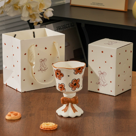 Bowknot Flower Goblet Mug Brown detail - MoriMori Home