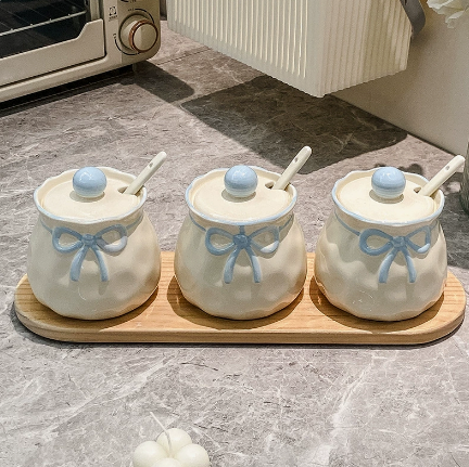 Cute Bow Ceramic Seasoning Jar Set of 3 & Wooden Tray