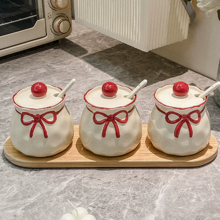 Cute Bow Ceramic Seasoning Jar Set of 3 & Wooden Tray