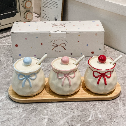 Cute Bow Ceramic Seasoning Jar Set of 3 & Wooden Tray