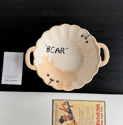 Cream Bear Ceramic Double-Ear Lace Bowl · 8“