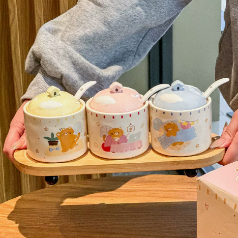 Little House Cat Ceramic Seasoning Jar Set of 3 & Tray