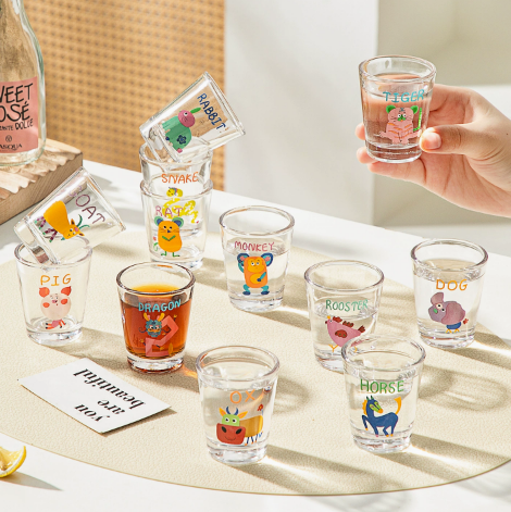 Cartoon Zodiac Glass Soju Cup · Set of 12