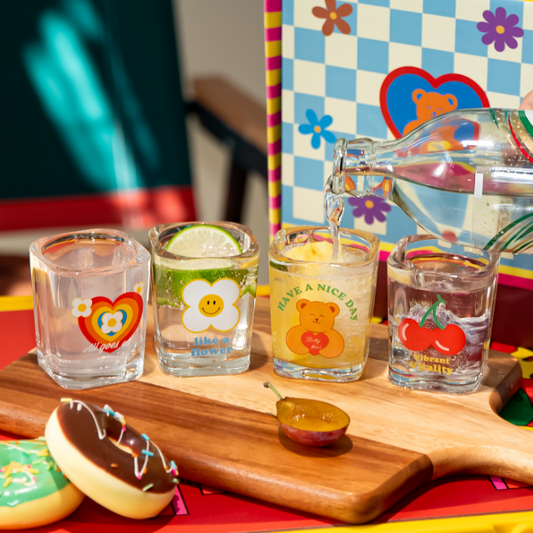 Rainbow Flower Illustrated Glass Cups · Set of 4 with Gift Box