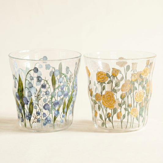 Antique Floral Glass Cup 10oz Yellow Rose vintage illustration - MoriMori Home