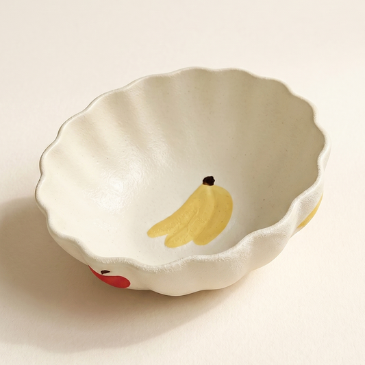 Banana Lace Ceramic Bowl 6 inch scalloped lace fluted rim - MoriMori Home