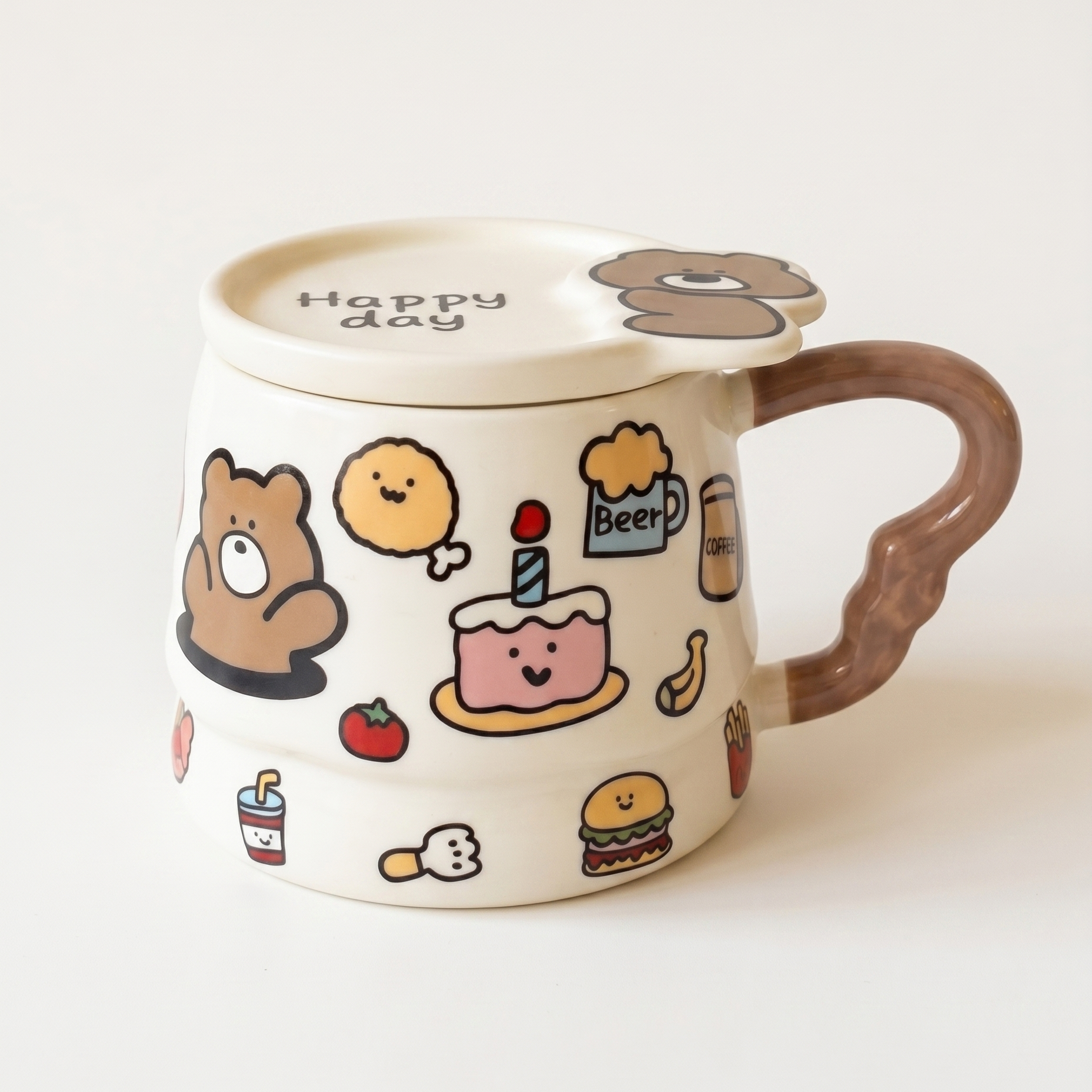 Bear Graffiti Ceramic Mug with Lid 13.5 oz Brown - MoriMori Home