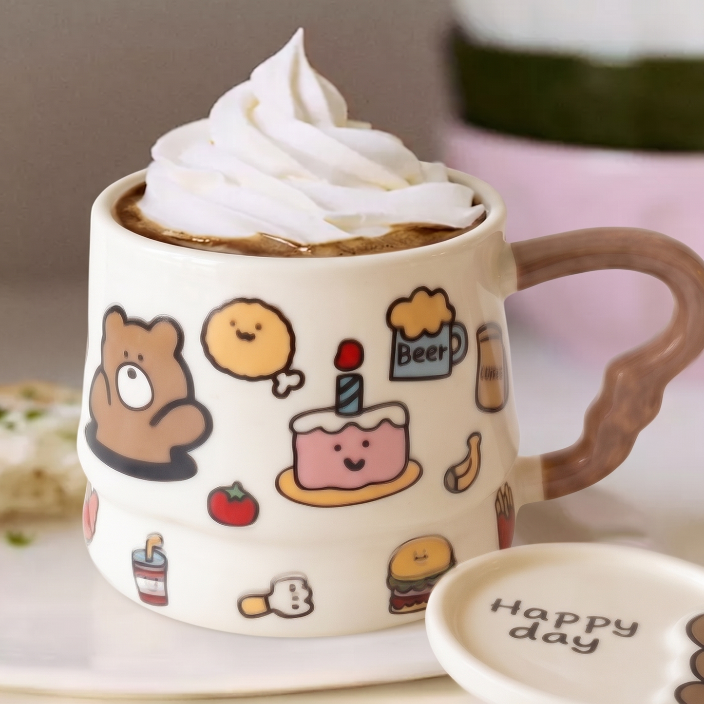 Bear Graffiti Ceramic Mug with Lid lifestyle - MoriMori Home