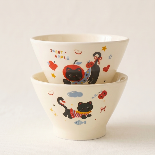 Black Cat Ceramic Bowl 5 inch Apple Hat and Cloud variants - MoriMori Home