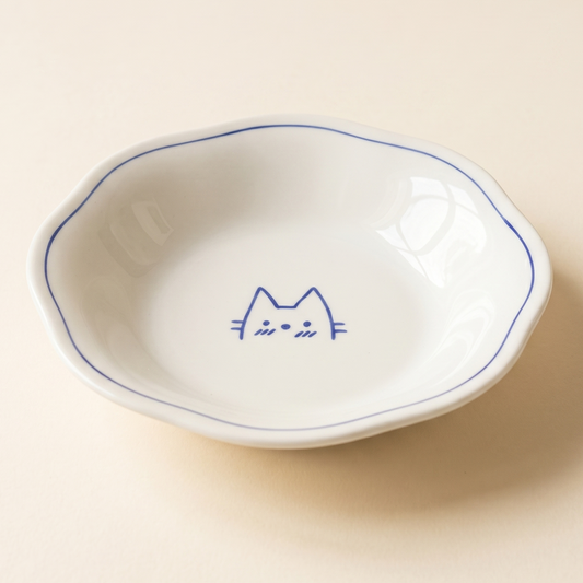 Blue Line Kitten Plate 7.8 inch Octagon hand-painted cat illustration - MoriMori Home