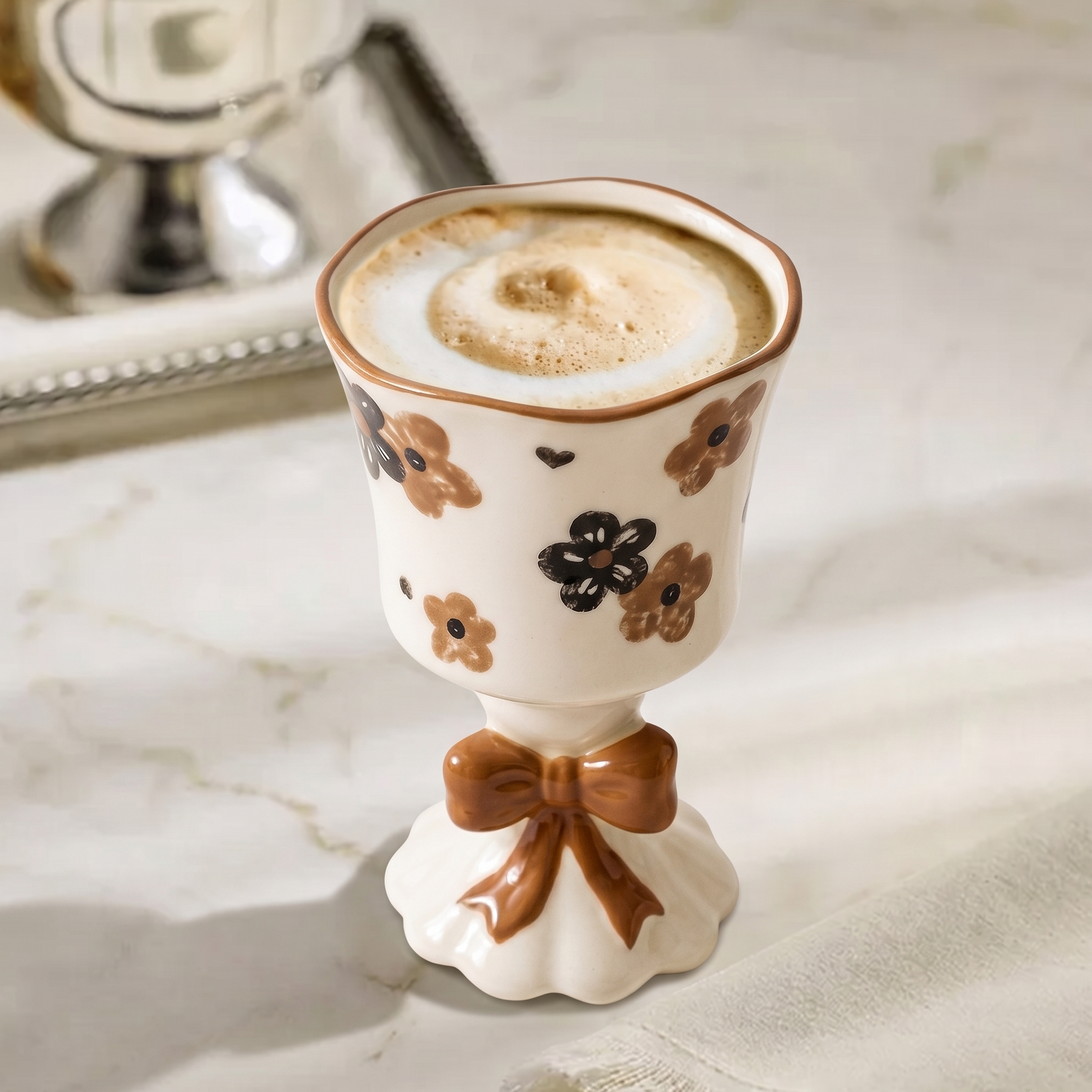 Bowknot Flower Goblet Mug Black-Brown in gift bag - MoriMori Home