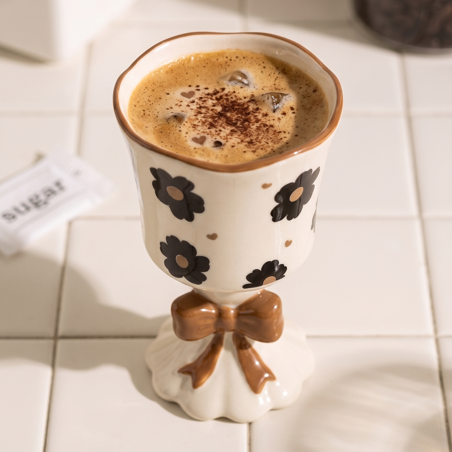 Bowknot Flower Goblet Ceramic Mug · Black Flower · Gift Bag