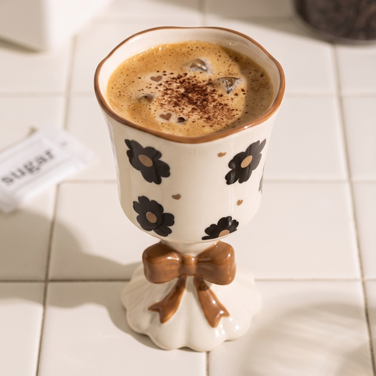 Bowknot Flower Goblet Ceramic Mug Black Flower Gift Bag - MoriMori Home