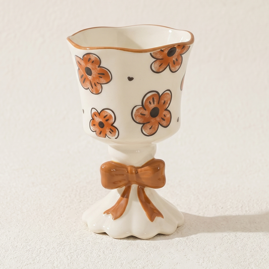 Bowknot Flower Goblet Ceramic Mug Black-Brown Flower warm brown design - MoriMori Home