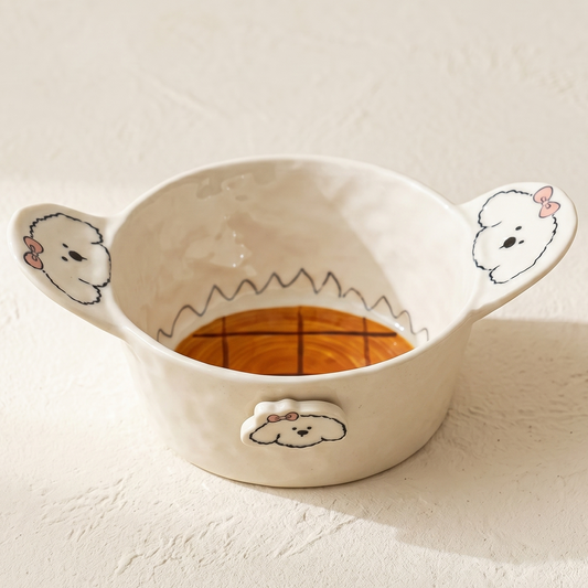 Caramel Puppy Double-Ear Ceramic Bowl 5 inch hand-pinched texture - MoriMori Home