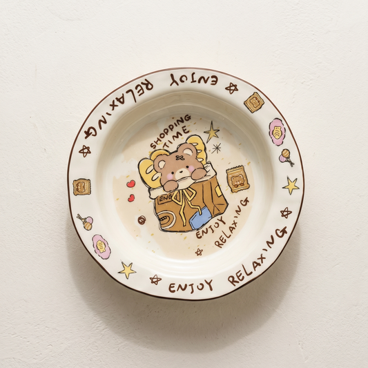 Cartoon Bear Hand-Pinch Ceramic Soup Plate 8 inch organic form - MoriMori Home