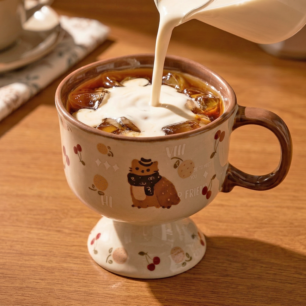 Cat Cafe Pedestal Ceramic Mug angled view - MoriMori Home