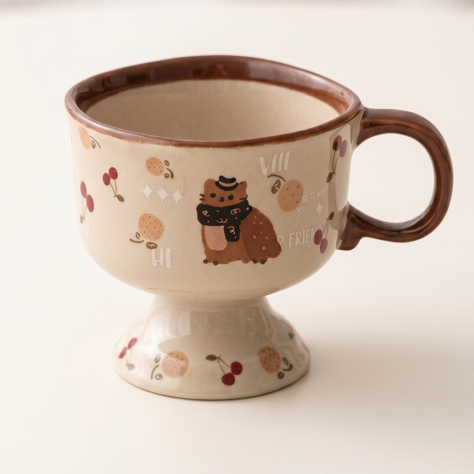 Cat Cafe Pedestal Ceramic Mug 8.5 oz warm brown glaze - MoriMori Home