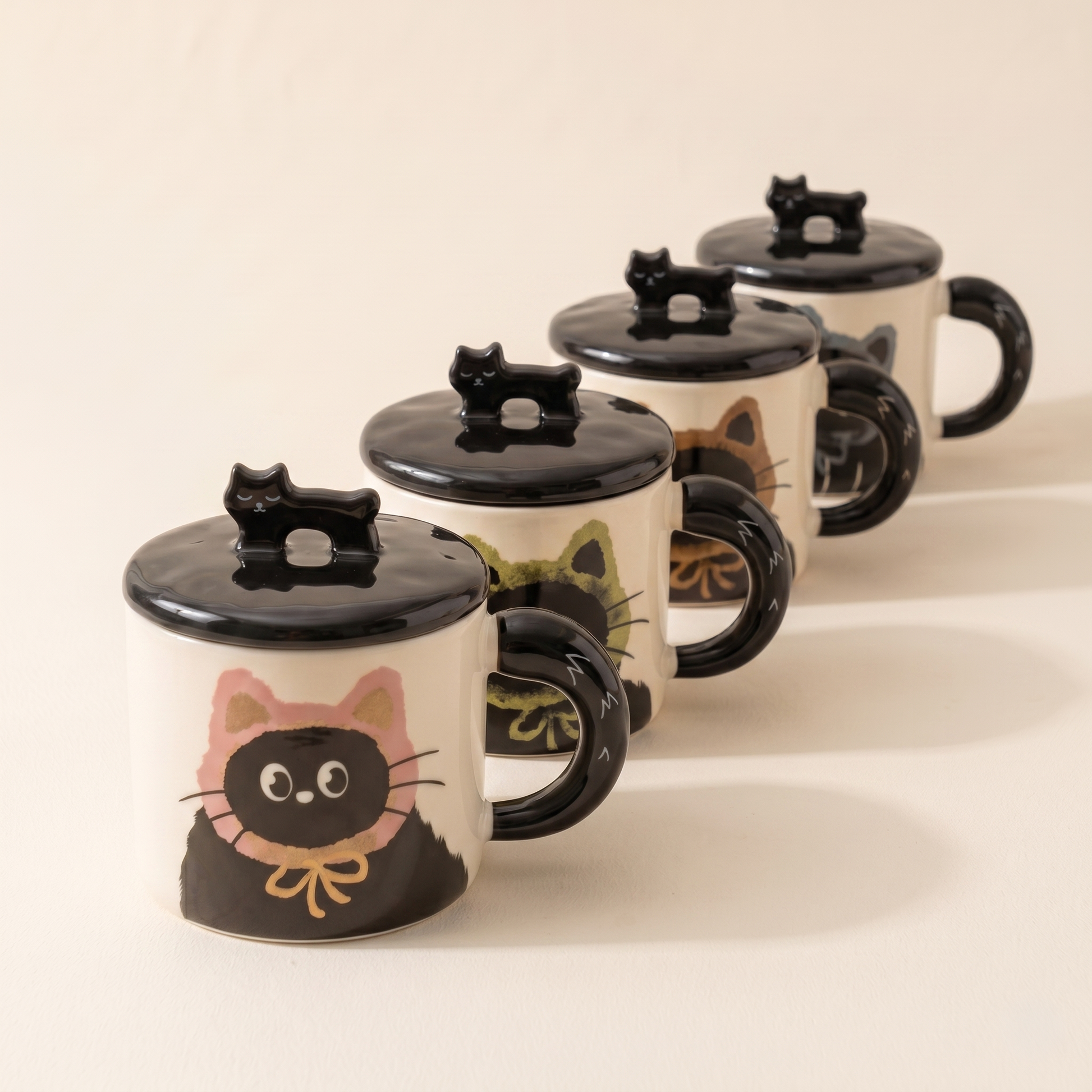 Cat Character Ceramic Mug with Lid 12 oz Stormy Blue Rosy Pink - MoriMori Home