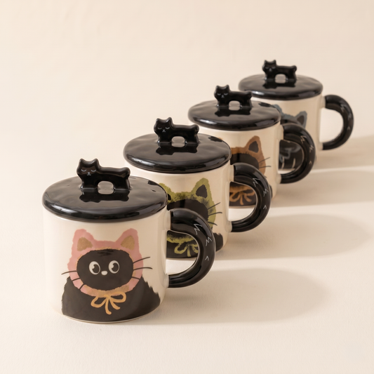 Cat Character Ceramic Mug with Lid 12 oz Stormy Blue Rosy Pink - MoriMori Home