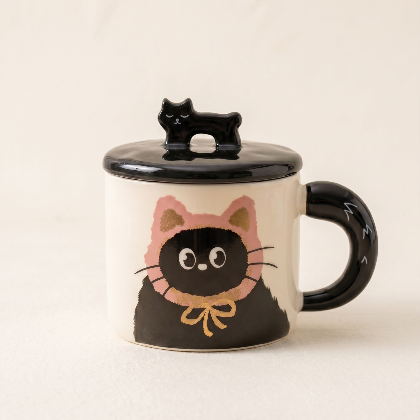 Cat Character Ceramic Mug with Lid pink variant - MoriMori Home