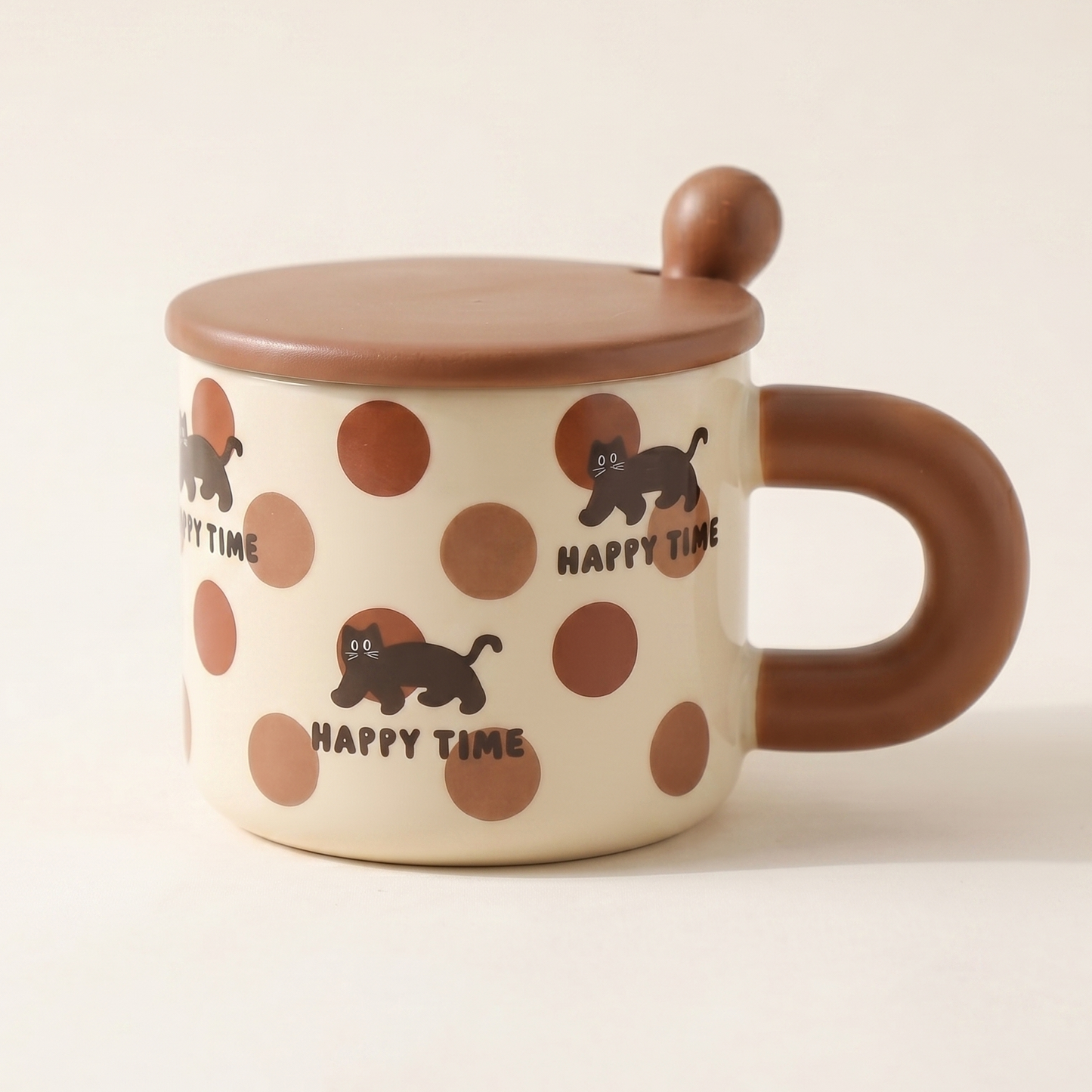 Cat Illustrated Ceramic Mug with Lid Gift front view - MoriMori Home