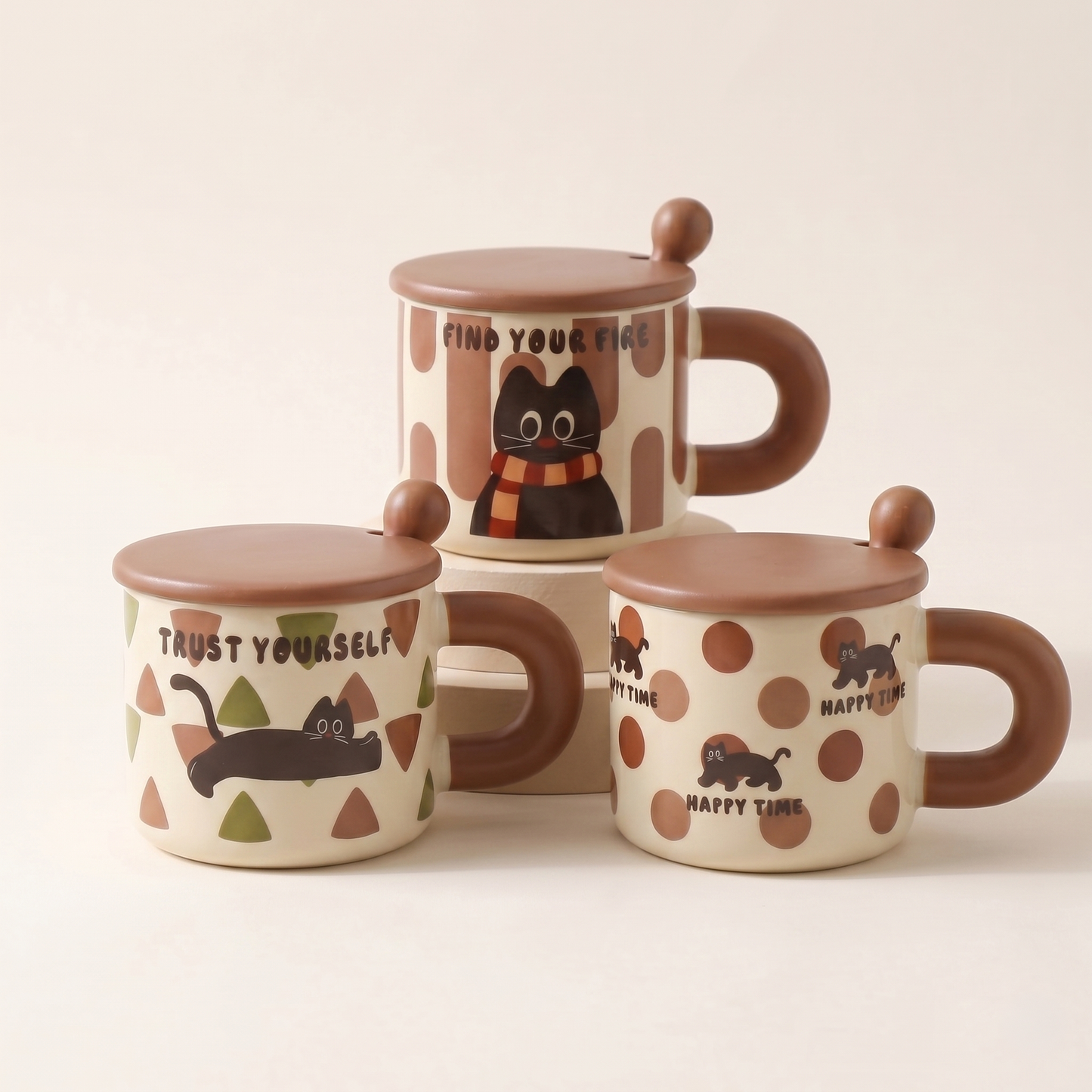 Cat Illustrated Ceramic Mug with Lid Gift 12oz Polka Stripe Triangle - MoriMori Home