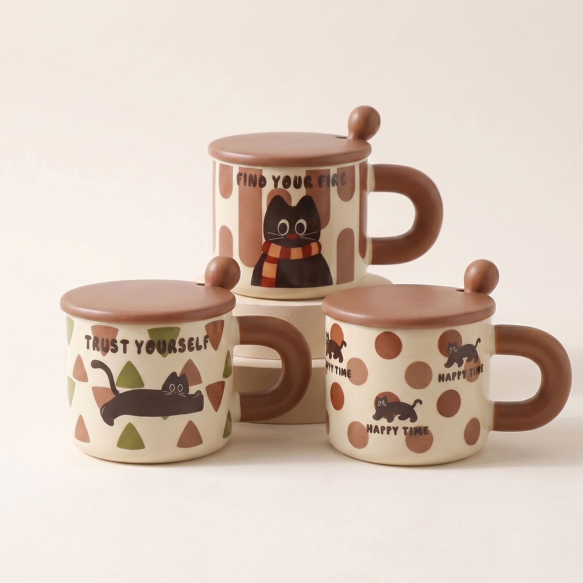 Cat Illustrated Ceramic Mug with Lid Gift 12oz Polka Stripe Triangle - MoriMori Home