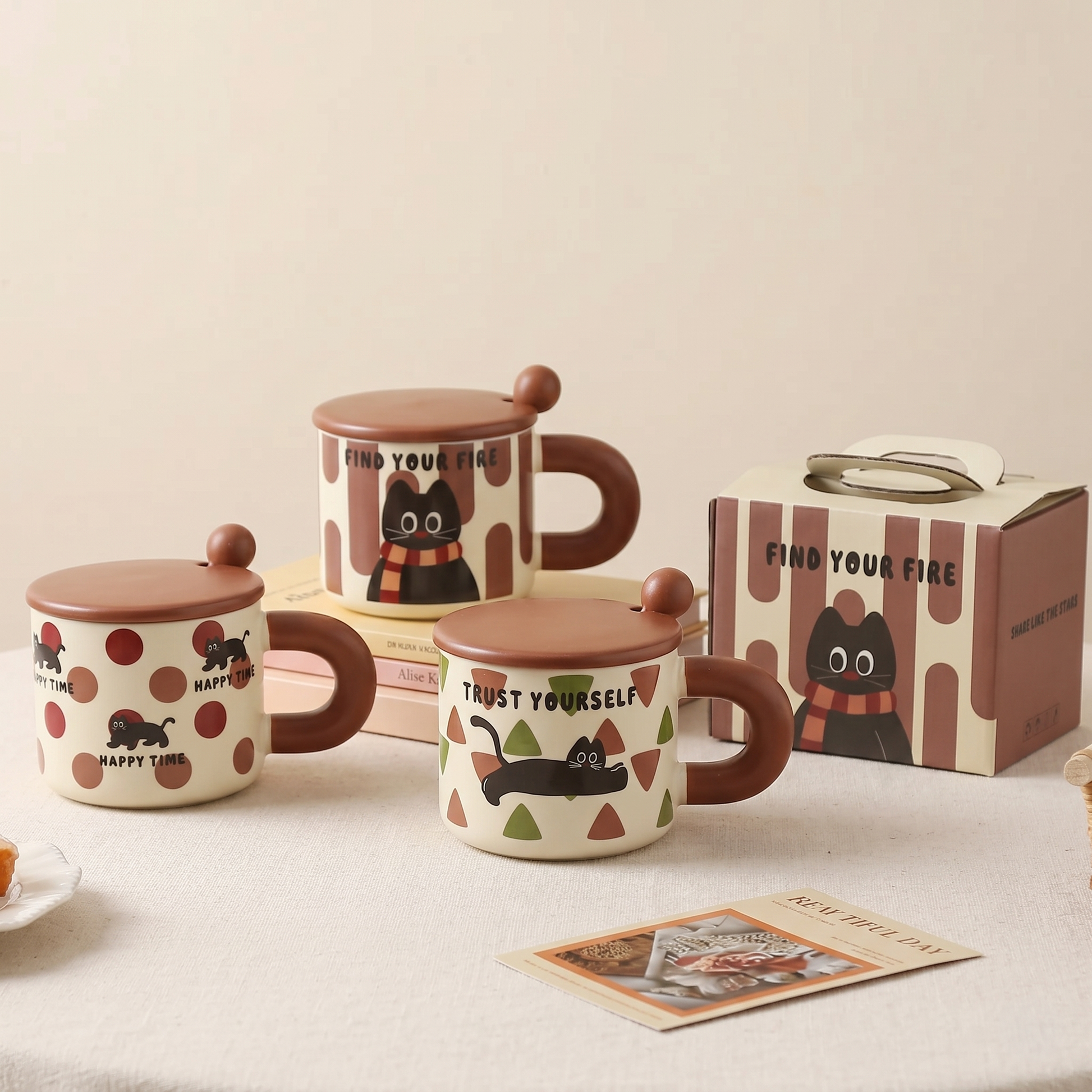 Cat Illustrated Ceramic Mug with Lid variants styled - MoriMori Home