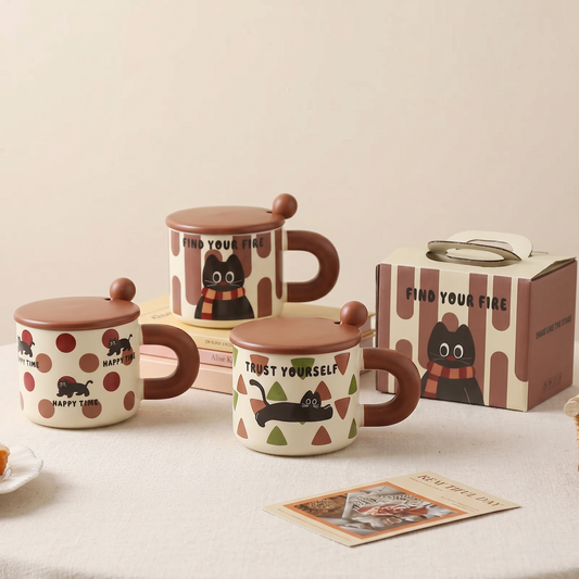 Cat Illustrated Ceramic Mug with Lid variants styled - MoriMori Home
