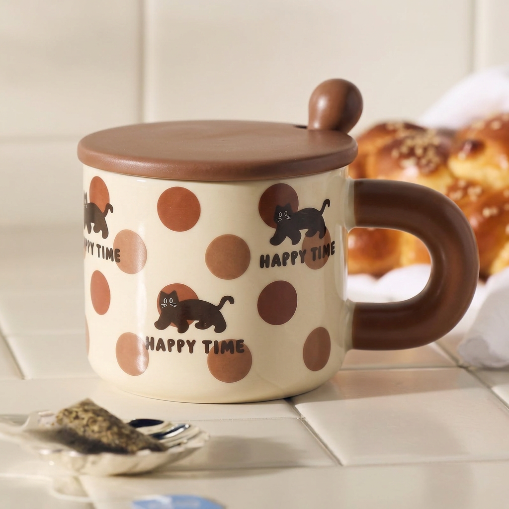 Cat Illustrated Ceramic Mug with Lid · Gift 12oz