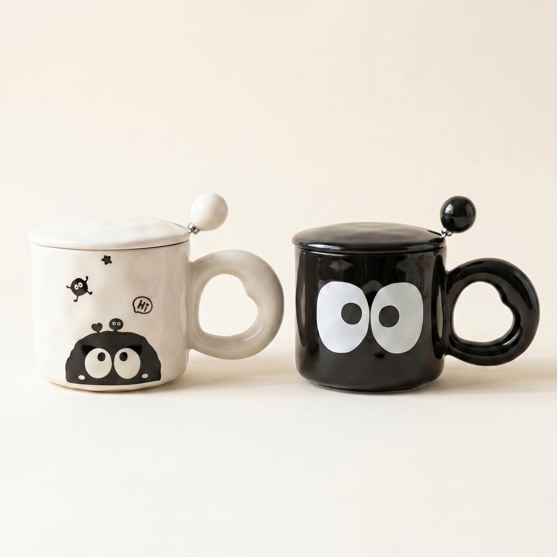Coal Ball Big Eyes Ceramic Mug Black and Cream with Lid Spoon - MoriMori Home