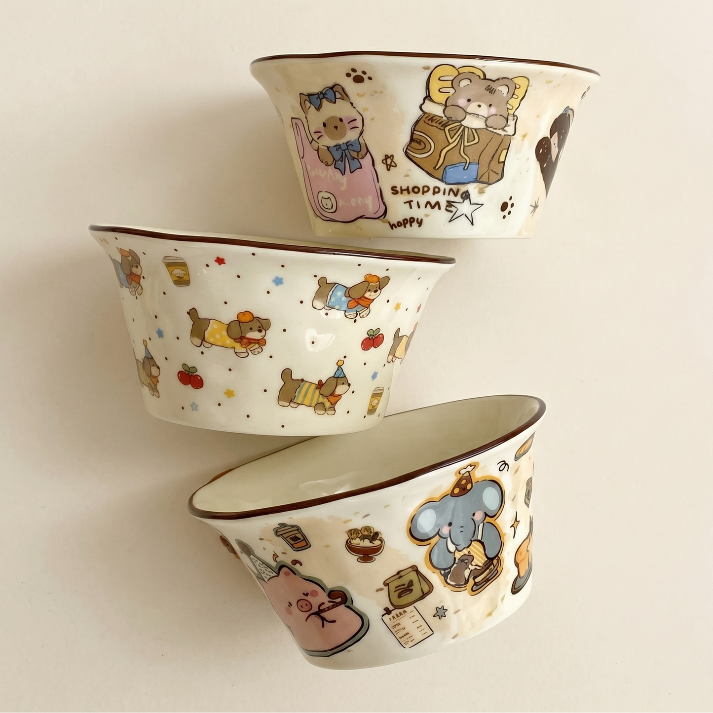 Cozy Character Illustrated Ceramic Bowl 13oz Baking Party Shopping Bear Dachshund - MoriMori Home